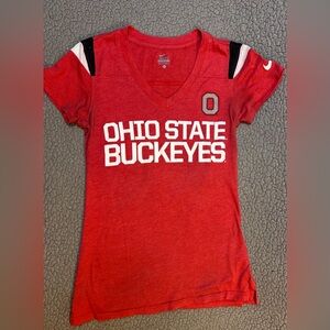 Nike Ohio State V Neck T Shirt Womens Size XS Red And Gray Graphic Print Shirt